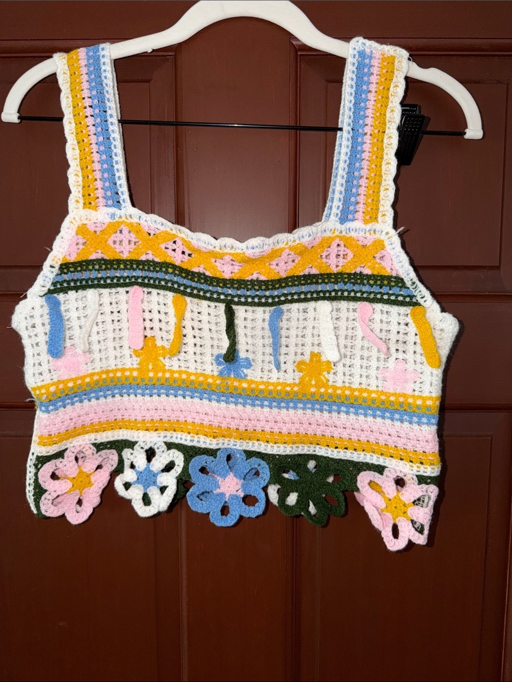 POL Crochet Floral Crop Tank Top in White, Pink, Blue, Yellow, Green